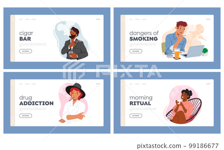 Smoking People Landing Page Template Set. Male Female Characters Inhaling Smoke with Relaxed Expressions Smoking People Landing Page Template Set. Male Female Characters Inhaling Smoke with Relaxed Expressions 99186677