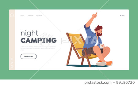 Night Camping Landing Page Template. Male Character Sitting in Chair with Mug Enjoying Tea On Camping Daybed 99186720