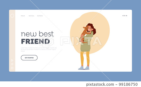 New Best Friend Landing Page Template. Smiling Girl Hold Cute Pet. Animal Lover Female Character with Dog 99186750