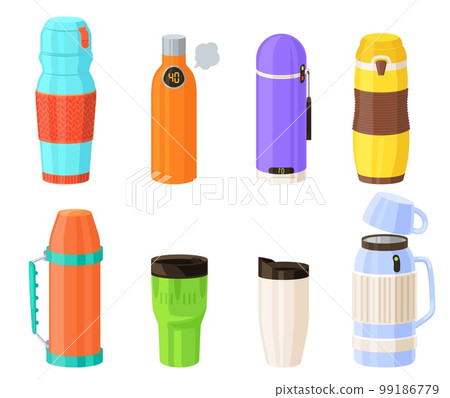 Thermos cartoon vector thermo cup isolated set Thermos cartoon vector thermo cup isolated set 99186779