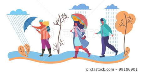 Autumn rain weather vector people under umbrella 99186901