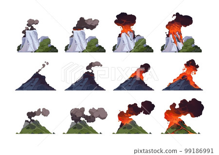 Volcano eruption. Cartoon volcanic mountain with different stages of explosion, flow magma, fire and smoke, crater with lava, ash and gases. Vector flat set Volcano eruption. Cartoon volcanic mountain with different stages of explosion, flow magma, fire and smoke, crater with lava, ash and gases. Vector flat set 99186991