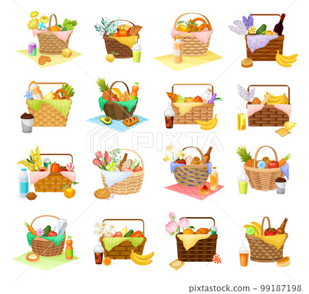 Picnic Wicker Baskets with Handle Full of Food Big Vector Set 99187198