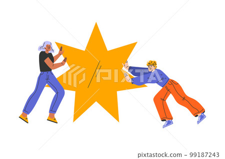Man and Woman Character Pushing Big Yellow Star Shape Vector Illustration 99187243