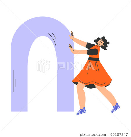 Woman Character Pushing Big Blue Shape Vector Illustration Woman Character Pushing Big Blue Shape Vector Illustration 99187247