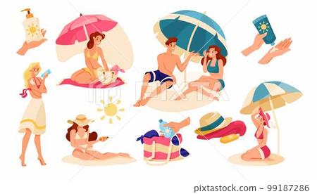 People Characters on Beach Sunbathing Wearing Swimsuit and Applying Sunscreen Vector Set People Characters on Beach Sunbathing Wearing Swimsuit and Applying Sunscreen Vector Set 99187286