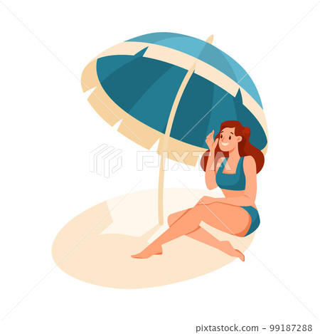 Woman Character on Beach under Umbrella Sunbathing Wearing Swimsuit Vector Illustration Woman Character on Beach under Umbrella Sunbathing Wearing Swimsuit Vector Illustration 99187288