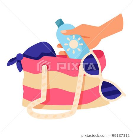 Hand Taking Sunscreen Lotion Bottle from Bag for Skin Protection and UV Rays Blocking Vector Illustration Hand Taking Sunscreen Lotion Bottle from Bag for Skin Protection and UV Rays Blocking Vector Illustration 99187311