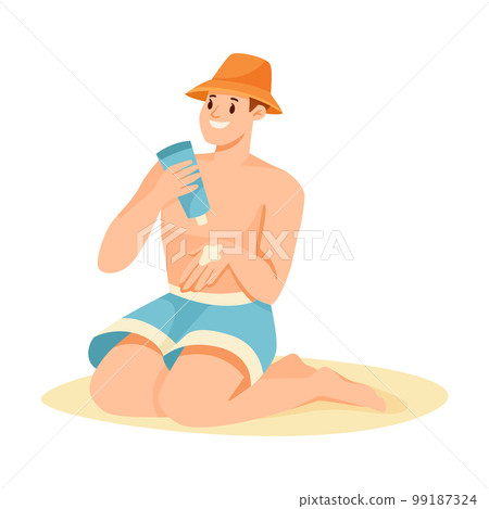 Man Character on Beach Sunbathing Wearing Swimsuit and Applying Sunscreen Vector Illustration 99187324