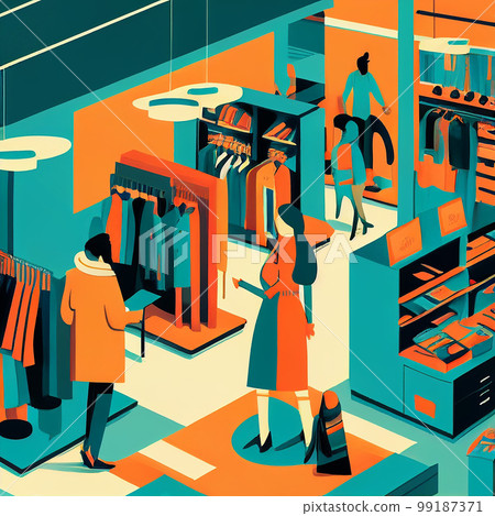 AI generated illustration of a busy thrift store, with customers browsing through racks of clothing and household items, line drawing styling 99187371