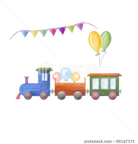 Watercolor illustration of a set of kid wooden train isolated on white background. Nursery, Kids Room Decor. Eco-friendly materials Child Toys. Print, poster, background, decor, wallpaper, wrapping. 99187375
