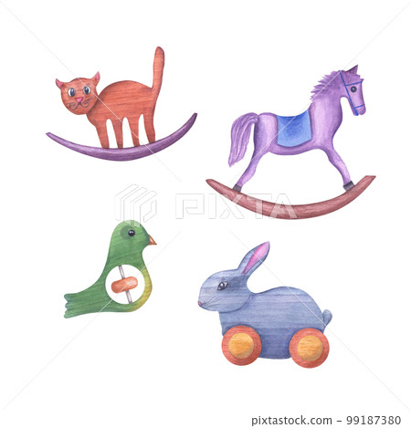 Watercolor illustration of a set of kid wooden toys isolated on white background. Nursery, Kids Room Decor. Eco-friendly materials Child Toys. Print, poster, background, decor, wallpaper, wrapping. Watercolor illustration of a set of kid wooden toys isolated on white background. Nursery, Kids Room Decor. Eco-friendly materials Child Toys. Print, poster, background, decor, wallpaper, wrapping. 99187380