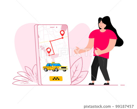 A girl stands near the smartphone, on the screen Taxi app on smartphone screen. Get a taxi. 99187457
