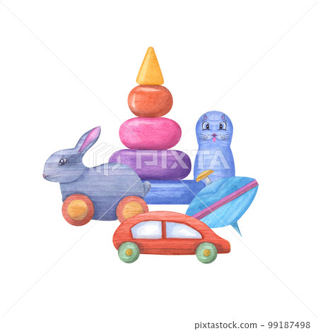 Watercolor illustration of a set of kid wooden toys isolated on white background. Nursery, Kids Room Decor. Eco-friendly materials Child Toys. Print, poster, background, decor, wallpaper, wrapping. Watercolor illustration of a set of kid wooden toys isolated on white background. Nursery, Kids Room Decor. Eco-friendly materials Child Toys. Print, poster, background, decor, wallpaper, wrapping. 99187498
