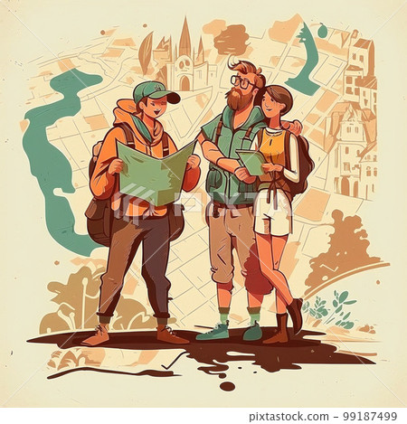 AI generated illustration of tourists consulting a map and trying to find the way, line drawing styling AI generated illustration of tourists consulting a map and trying to find the way, line drawing styling 99187499