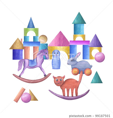 Watercolor illustration of a set of kid wooden toys isolated on white background. Nursery, Kids Room Decor. Eco-friendly materials Child Toys. Print, poster, background, decor, wallpaper, wrapping. Watercolor illustration of a set of kid wooden toys isolated on white background. Nursery, Kids Room Decor. Eco-friendly materials Child Toys. Print, poster, background, decor, wallpaper, wrapping. 99187501