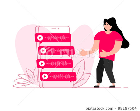 A woman stands near the smartphone, on the screen voice Messages. Voice messaging correspondence. A woman stands near the smartphone, on the screen voice Messages. Voice messaging correspondence. 99187504