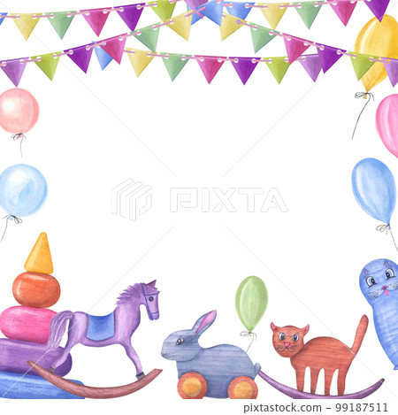 Watercolor illustration with kid wooden toys with ballons, flags isolated on white background. Nursery, Kids Room Decor. Eco-friendly materials Child Toys. Print, poster, background, postcard Watercolor illustration with kid wooden toys with ballons, flags isolated on white background. Nursery, Kids Room Decor. Eco-friendly materials Child Toys. Print, poster, background, postcard 99187511