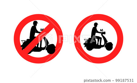 No scooter or motorbike sign. Red crossed circle icon. No scooter or motorbike sign. Red crossed circle icon. 99187531