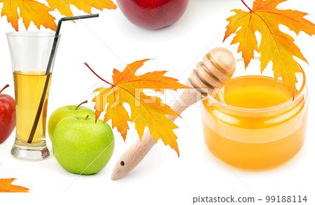 Honey, apple juice and apples isolated on white. Collage. 99188114