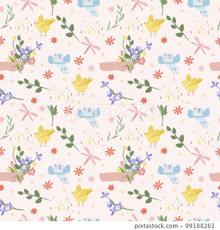 Seamless pattern with various flowers in hand, bird, butterflies, hearts. Spring flowering. Floral pattern can be used as textile, fabric, wallpaper, banner, etc. Vector Seamless pattern with various flowers in hand, bird, butterflies, hearts. Spring flowering. Floral pattern can be used as textile, fabric, wallpaper, banner, etc. Vector 99188261