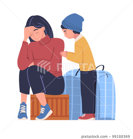 Refugee people need help. Stressed mom and her little son sitting on suitcases. Refugee problems, homeless people vector illustration 99188369