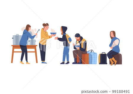 Volunteers giving food to refugees in distribution point vector illustration Volunteers giving food to refugees in distribution point vector illustration 99188491