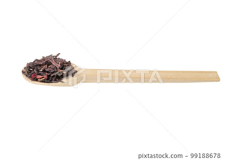 Dry hibiscus tea on wooden spoon isolated on white background. herb. herbal tea. food ingredient. Dry hibiscus tea on wooden spoon isolated on white background. herb. herbal tea. food ingredient. 99188678