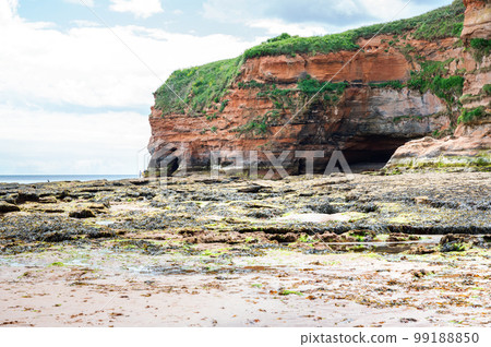 Rock formations in Ladram Bay, United Kingdom. View of the beach and red and orange cliffs and the sea, Jurassic coast, selective focus Rock formations in Ladram Bay, United Kingdom. View of the beach and red and orange cliffs and the sea, Jurassic coast, selective focus 99188850