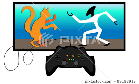 Playing computer games with a friend using a joystick. The best computer game fights and battles. 99188912