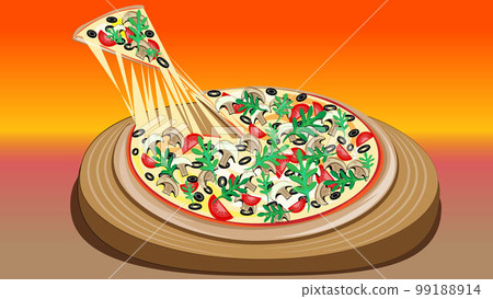 Flavourful and tasty pizza with cheese, mushrooms, tomatoes, olives and arugula. A mouth-watering pizza. 99188914