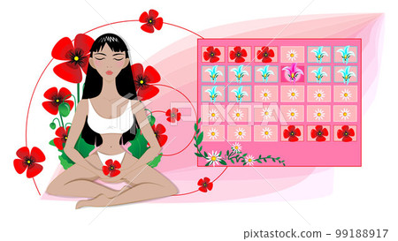 A calendar of women s menstrual days. A woman sits in meditation holding a carved poppy flower in her hands. 99188917