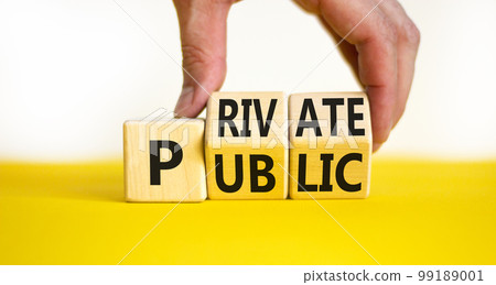 Private or public symbol. Concept words Private or Public on wooden cubes. Businessman hand. Beautiful yellow table white background. Business and private or public concept. Copy space. 99189001