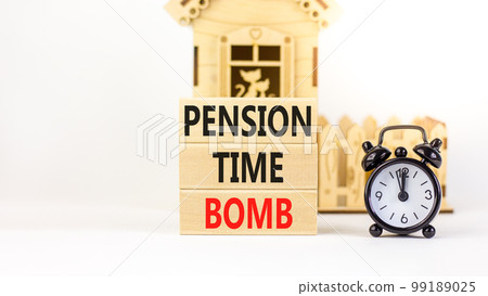 Pension time bomb symbol. Concept words Pension time bomb on wooden blocks on a beautiful white table white background. Black alarm clock, house model. Business pension time bomb concept. Copy space. Pension time bomb symbol. Concept words Pension time bomb on wooden blocks on a beautiful white table white background. Black alarm clock, house model. Business pension time bomb concept. Copy space. 99189025