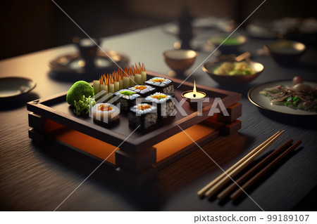Sushi roll set in restaurant, Japanese maki food on table in low light, generative AI 99189107
