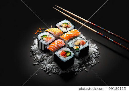 Sushi roll set, Japanese maki food on dark background, top view, generative AI 99189115