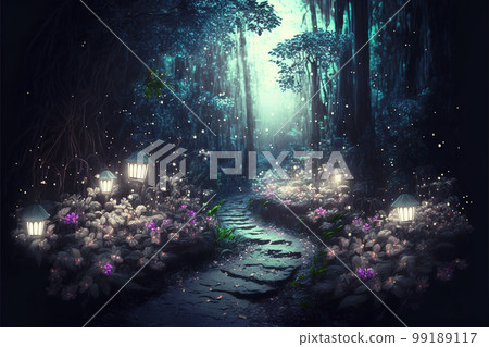 Fantasy forest at night, magic lights and walkway in dark fairytale wood, generative AI 99189117