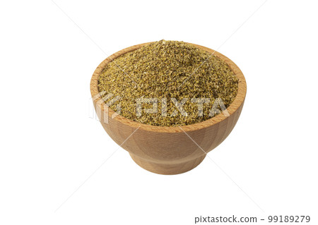 dried common chamomile flowers in latin - Matricaria chamomilla in wooden bowl isolated on white background. Medicinal herb. 99189279