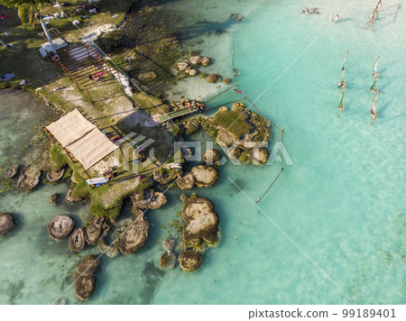 Aerial Drone Shot of Ancient Stromatolites in seven colores lagoon near Bacalar, Quintana Roo, Mexico 99189401