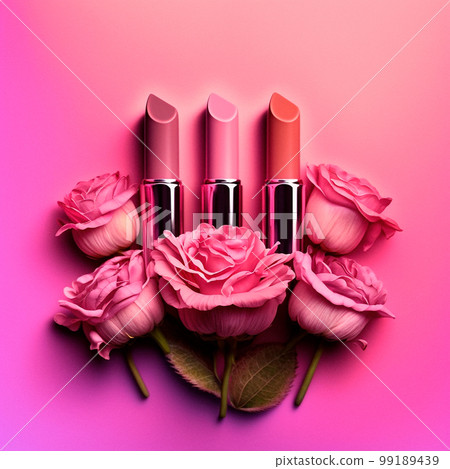 Pink lipstick in pink flowers. 99189439