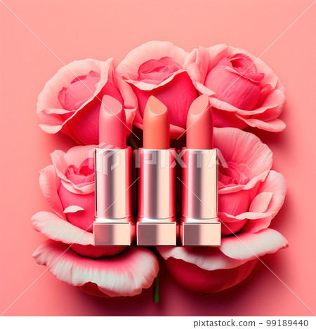 Pink lipstick in pink flowers. Pink lipstick in pink flowers. 99189440