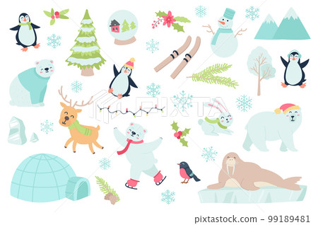 Winter time and animal isolated objects set. Collection of penguin, reindeer polar, bear, snowflake, snowman, mountains, garland, bird, rabbit. Vector illustration of design elements in flat cartoon 99189481