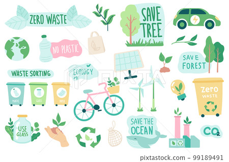Ecology and zero waste isolated objects set. Collection of eco friendly quotes, green renewable energy, waste sorting, transport and industry. Vector illustration of design elements in flat cartoon 99189491