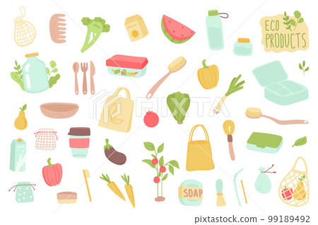 Eco products isolated objects set. Collection of wooden dishes, toothbrush, glass bottles, string bags, paper cup, hygiene tools, organic food. Vector illustration of design elements in flat cartoon Eco products isolated objects set. Collection of wooden dishes, toothbrush, glass bottles, string bags, paper cup, hygiene tools, organic food. Vector illustration of design elements in flat cartoon 99189492