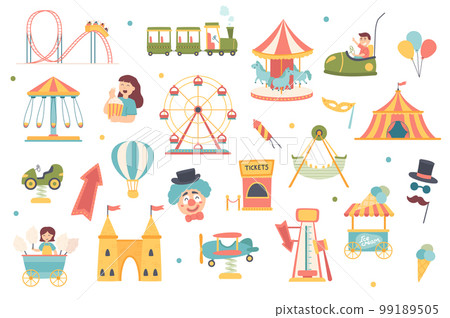 Amusement park isolated objects set. Collection of carousels and attractions, roller coasters, popcorn, clown, children, cotton candy, ice cream. Vector illustration of design elements in flat cartoon Amusement park isolated objects set. Collection of carousels and attractions, roller coasters, popcorn, clown, children, cotton candy, ice cream. Vector illustration of design elements in flat cartoon 99189505
