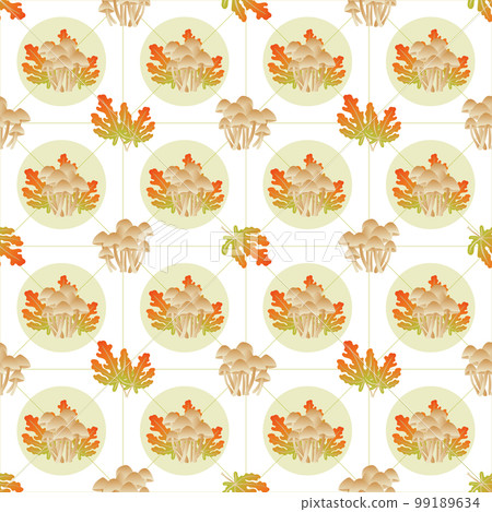Autumn leaves pattern seamless. Abstract mushrooms and autumn leaves in circle shapes at endless ornate backdrop. Seasonal leafage at botanical wallpaper. Vector illustration with floral texture Autumn leaves pattern seamless. Abstract mushrooms and autumn leaves in circle shapes at endless ornate backdrop. Seasonal leafage at botanical wallpaper. Vector illustration with floral texture 99189634