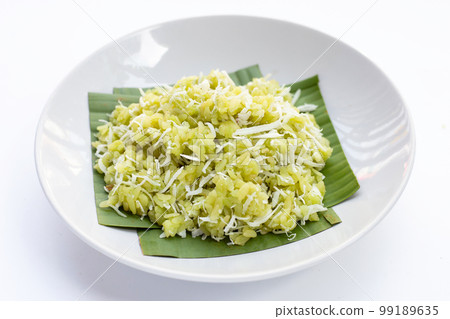 Green rice Thai dessert with coconut (Khao Mao) Green rice Thai dessert with coconut (Khao Mao) 99189635