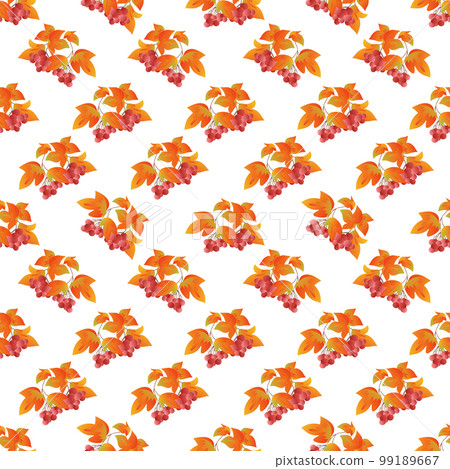 Autumn leaves pattern seamless. Rowan twigs with orange leaves, fall berries branches repeating endless ornate backdrop. Seasonal leafage botanical wallpaper. Vector illustration with floral texture Autumn leaves pattern seamless. Rowan twigs with orange leaves, fall berries branches repeating endless ornate backdrop. Seasonal leafage botanical wallpaper. Vector illustration with floral texture 99189667