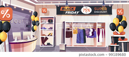 Black Friday shop landing page. Clothing and footwear store interior web banner background. Seasonal sale in boutique. Super discount and best offer at low prices. Cartoon vector illustration. Black Friday shop landing page. Clothing and footwear store interior web banner background. Seasonal sale in boutique. Super discount and best offer at low prices. Cartoon vector illustration. 99189680