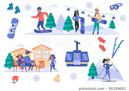 Ski resort isolated elements set. Bundle of people rest in mountains in winter, skiing, snowboarding, funicular, family with child in hotel. Creator kit for vector illustration in flat cartoon design Ski resort isolated elements set. Bundle of people rest in mountains in winter, skiing, snowboarding, funicular, family with child in hotel. Creator kit for vector illustration in flat cartoon design 99189681